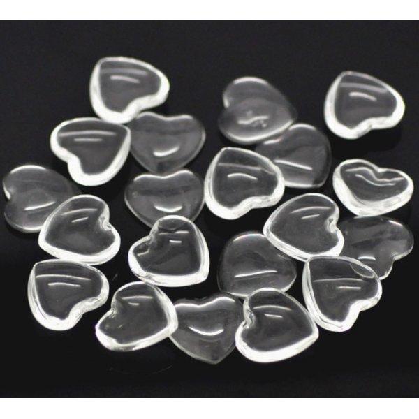 10 cabochons Hjerter 14 x 15 mm i klart glas N&deg;22
