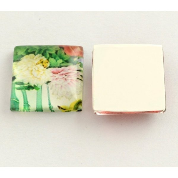 10 glascabochoner firkantede 20 mm assorterede blomster S-22-20-17