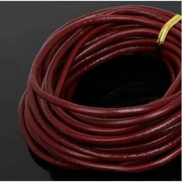 1 meter rund glat l&aelig;dersnor Bordeaux 3 mm