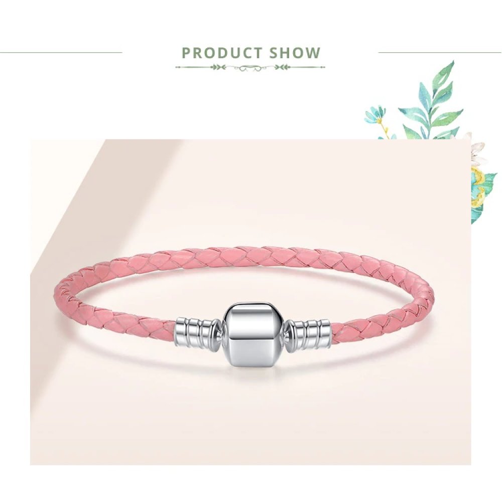 Bracelet Cuir Tressé Rose 19 cm Fermoir Clip Argent 925