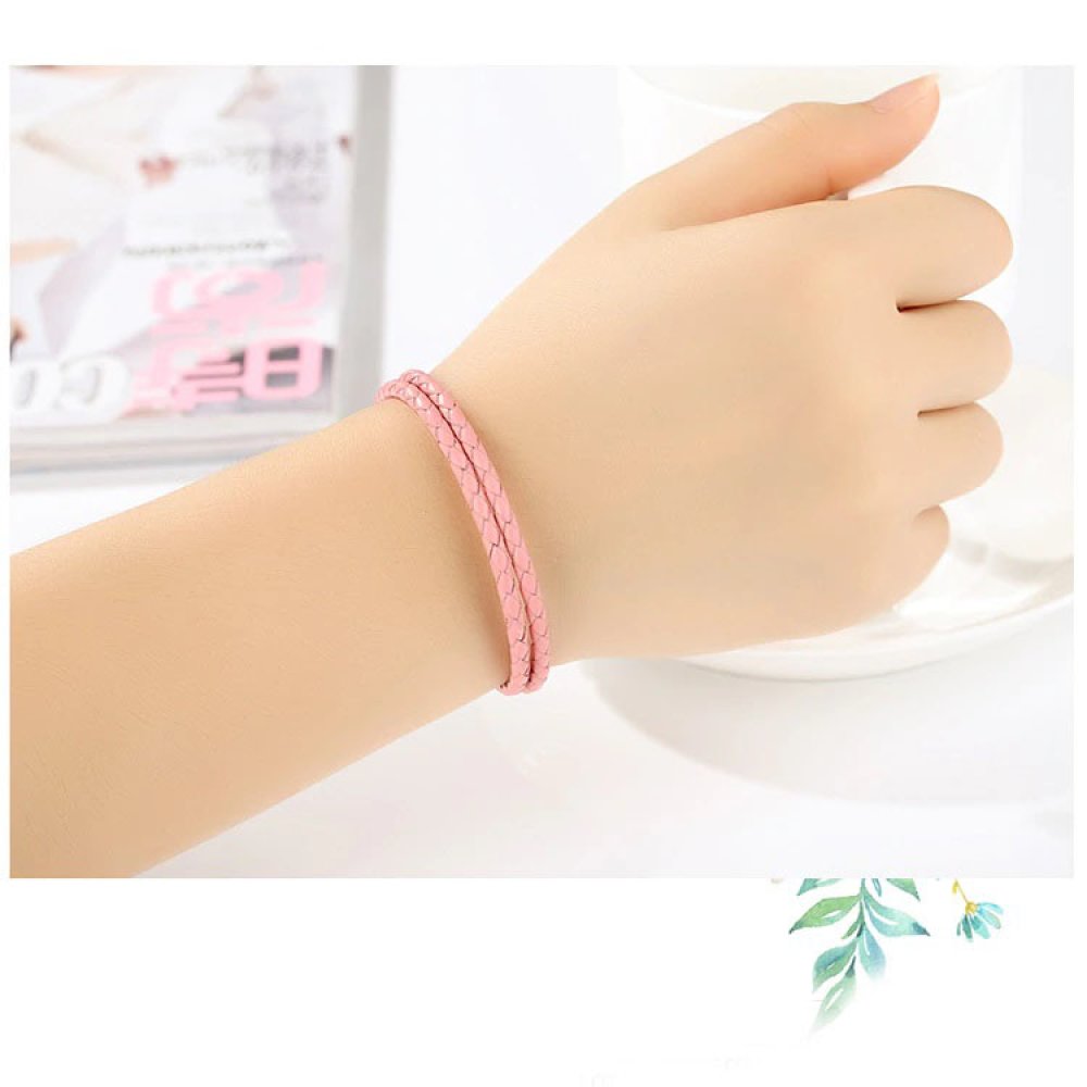 Bracelet Double Cuir Tressé Rose 38 cm Fermoir Clip Argent 925