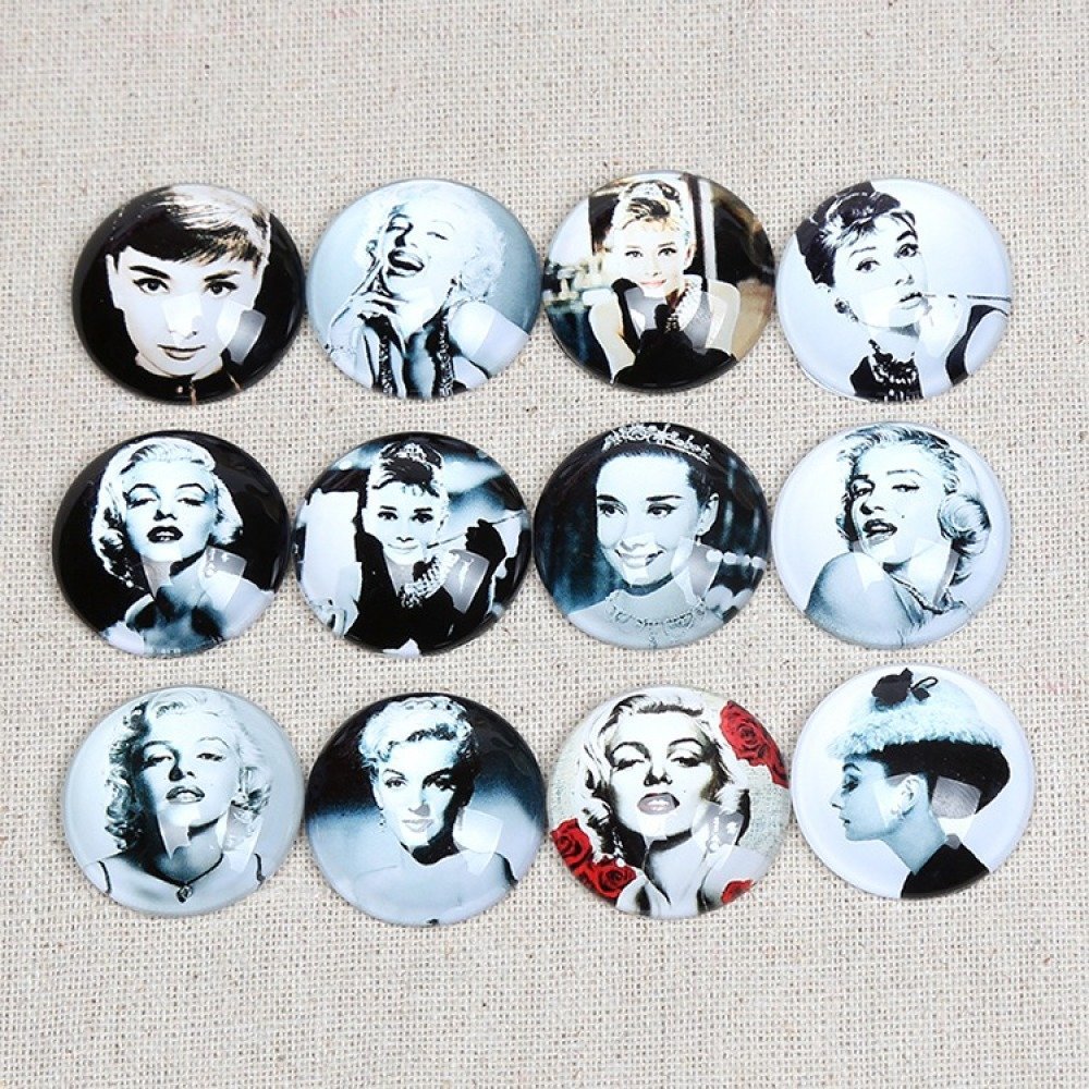 Parti af 20 runde glas cabochons 25 mm Marilyn- Audrey Hepburn