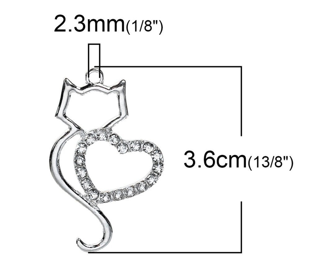 Sæt med 3 Zinklegering Cat Charm N°06 Silver Heart Strass Clear 36 mm x 22 mm