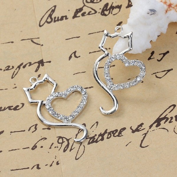 S&aelig;t med 3 Zinklegering Cat Charm N&deg;06 Silver Heart Strass Clear 36 mm x 22 mm