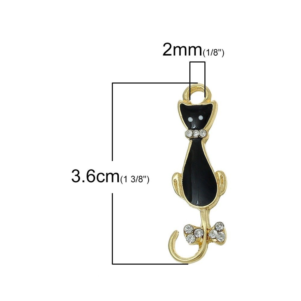 Pakke med 5 Cat Charm N°08 Sort guld Cat Butterfly Strass Clear Emalje 36 mm x 11 mm