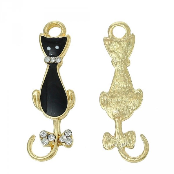 Pakke med 5 Cat Charm N&deg;08 Sort guld Cat Butterfly Strass Clear Emalje 36 mm x 11 mm