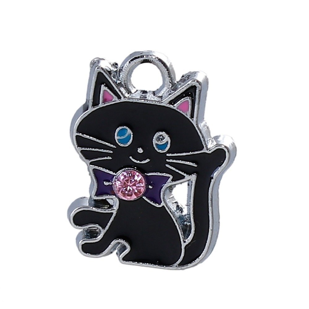 Pakke med 5 Zinklegering Cat Charm N°07 Silver Strass Email 19 mm x 14 mm