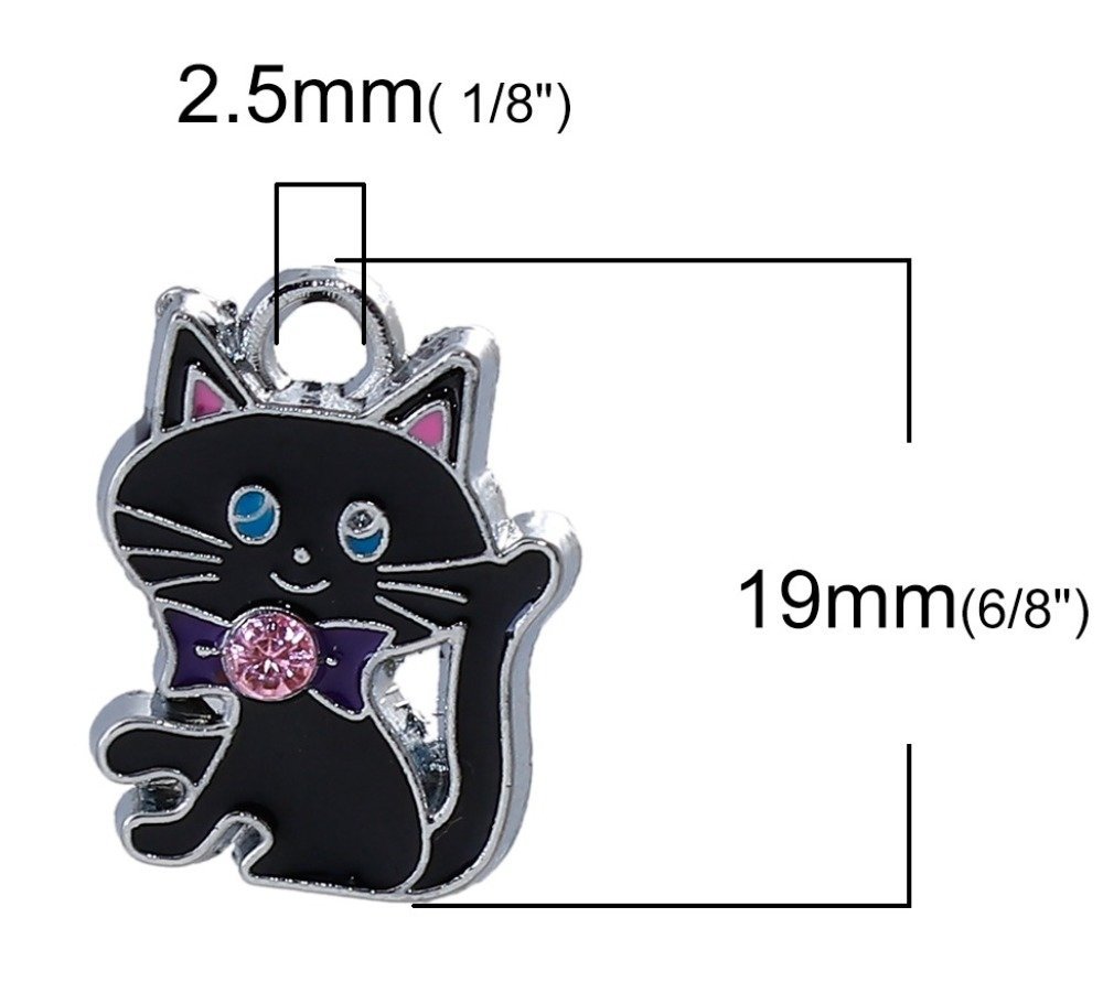 Pakke med 5 Zinklegering Cat Charm N°07 Silver Strass Email 19 mm x 14 mm