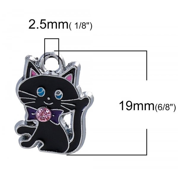 Pakke med 5 Zinklegering Cat Charm N&deg;07 Silver Strass Email 19 mm x 14 mm