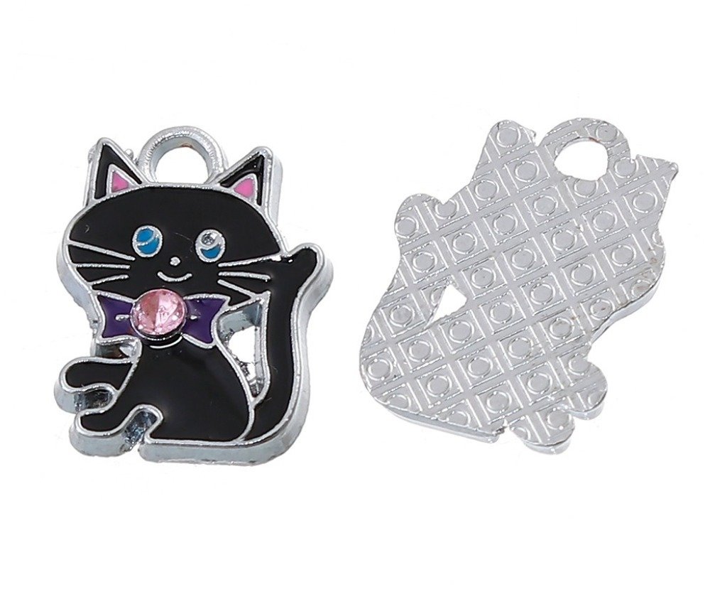 Pakke med 5 Zinklegering Cat Charm N°07 Silver Strass Email 19 mm x 14 mm