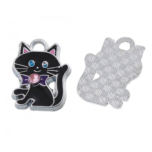 Pakke med 5 Zinklegering Cat Charm N&deg;07 Silver Strass Email 19 mm x 14 mm