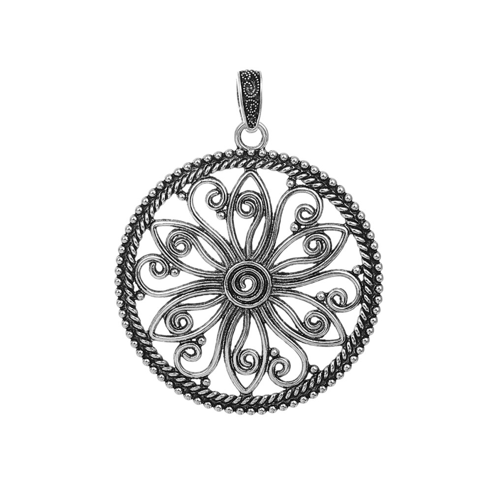 Pendentif N°001-D en Alliage Rond Fleur Creux Argent Vieilli 77 mm x 60 mm