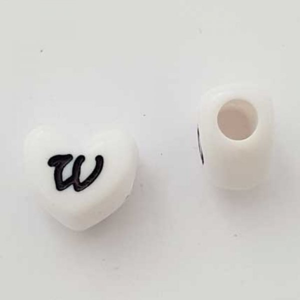 Perle C&oelig;ur Lettre W Blanc Noir 11mm