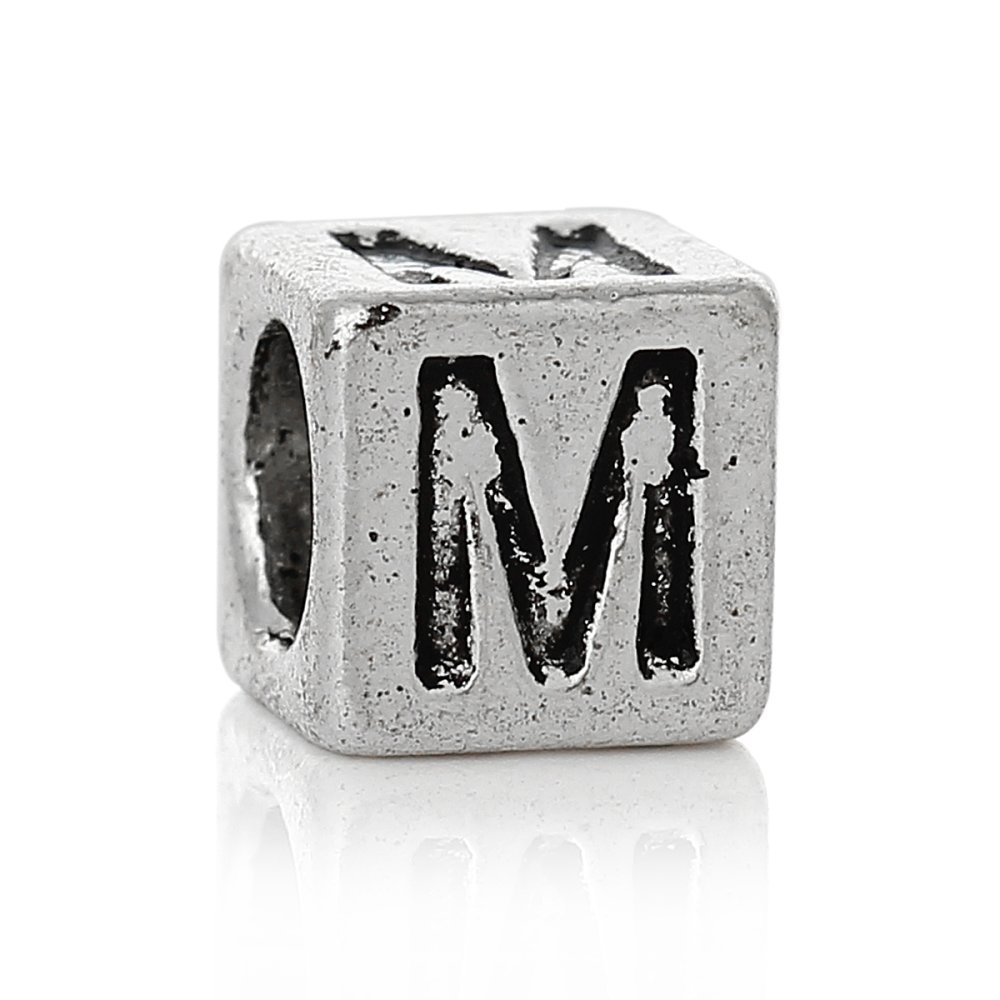 Perle carré charms alphabet N°01 lettre M métal argenté 7x7 mm