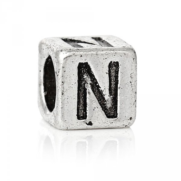 Perle carr&eacute; charms alphabet N&deg;01 lettre N m&eacute;tal argent&eacute; 7x7 mm