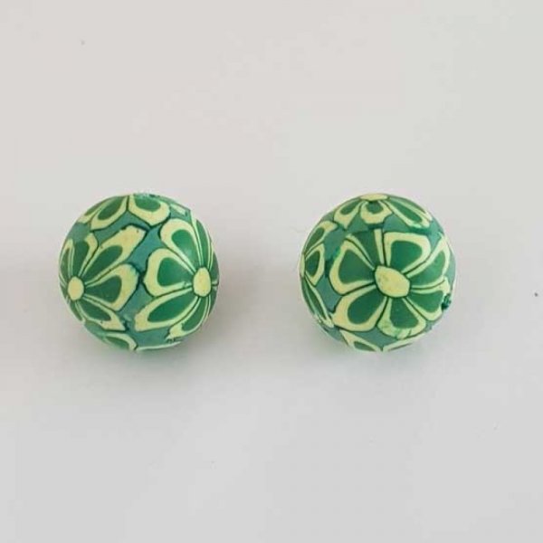 Perle p&acirc;te polym&egrave;re fond Vert et fleurs 12 mm