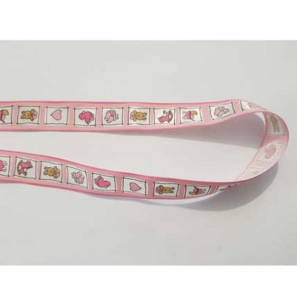Ruban galon rose de 25 mm avec motifs enfantins.