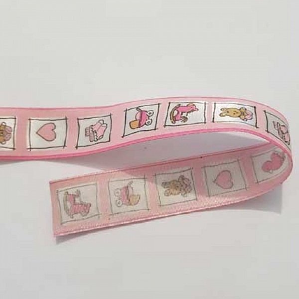 Ruban galon rose 25 mm avec motifs pour enfants.