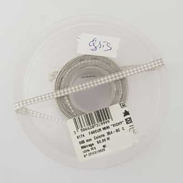 Ruban vichy gris et blanc de 06 mm 01 au m&egrave;tre