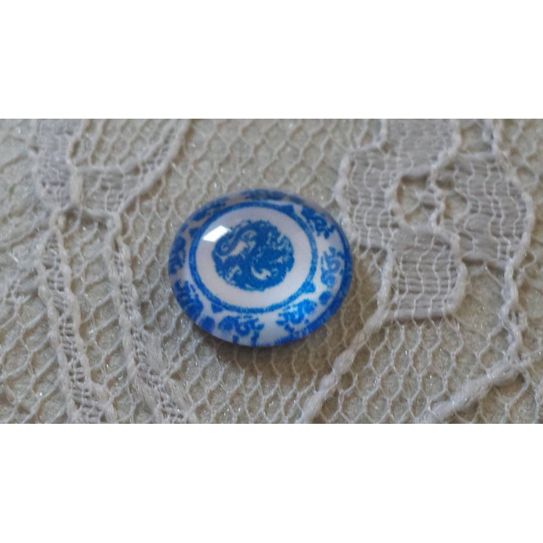 glas cabochon rund 12mm blå blomst 029 