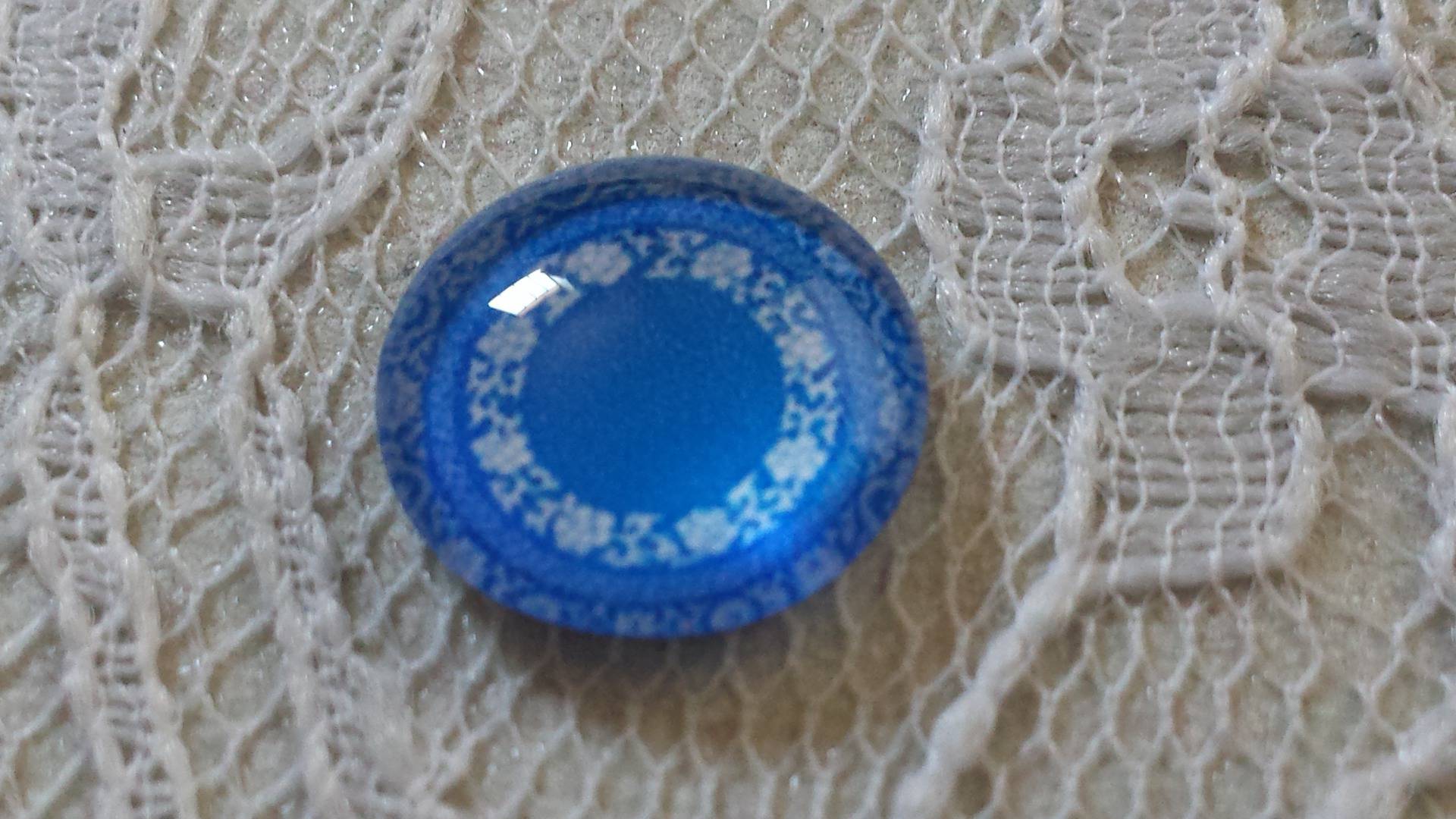 glas cabochon rund 12mm blå blomst 027 