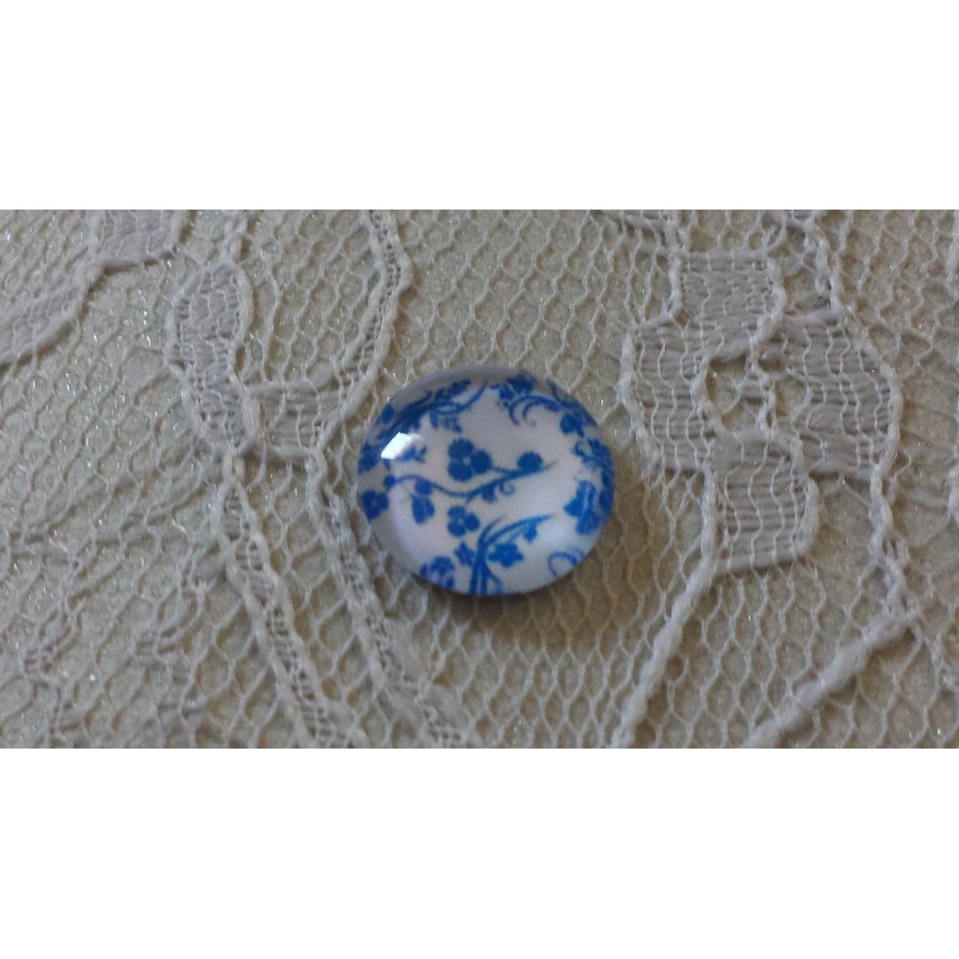 glas cabochon rund 12mm blå blomst 011 
