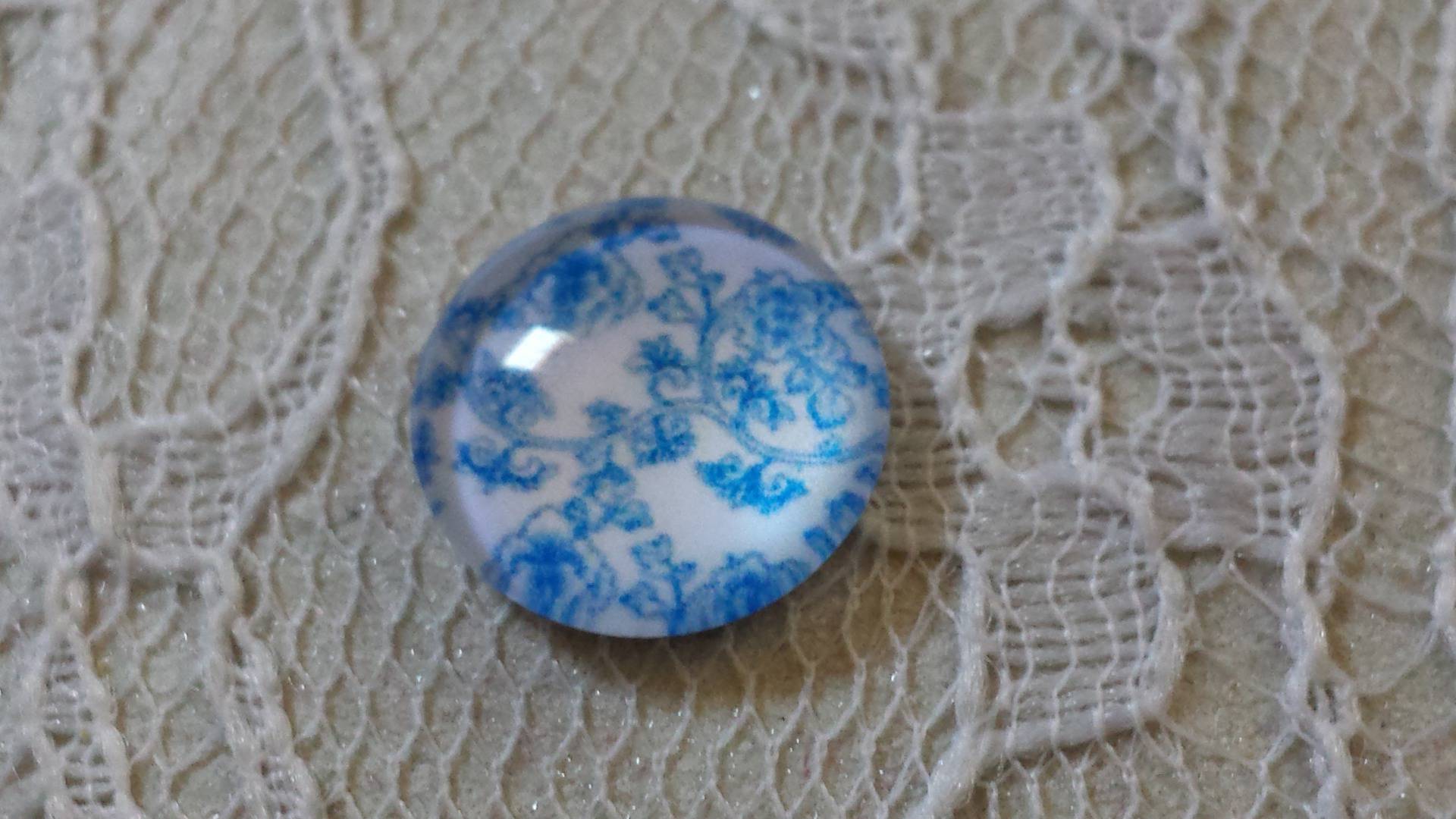 glas cabochon rund 12mm blå blomst 006 