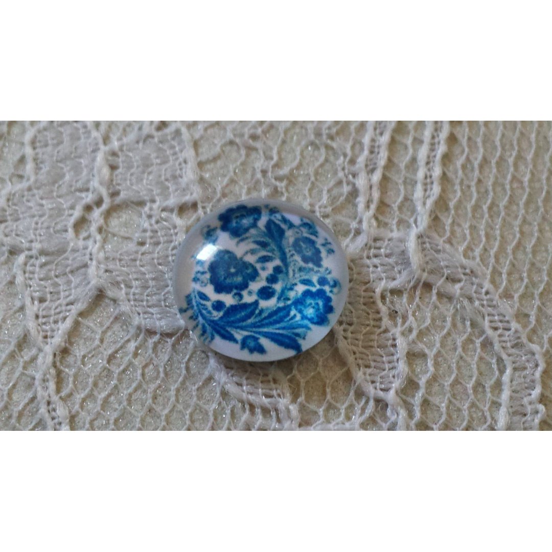 glas cabochon rund 12mm blå blomst 003 