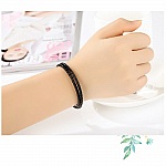 Bracelet Double Cuir Tressé Noir 36 cm Fermoir Clip Argent 925