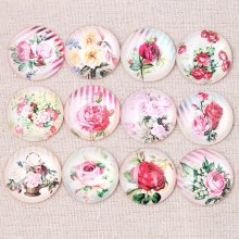 Lot af 20 runde glascabochoner 25 mm Pink Flower