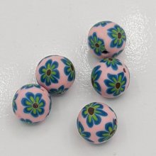 Perle pâte polymère fond Rose et fleurs 12 mm