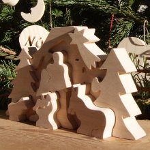 Julekrybbe træpuslespil til at male, 10 stykker håndlavet i massivt ahorn