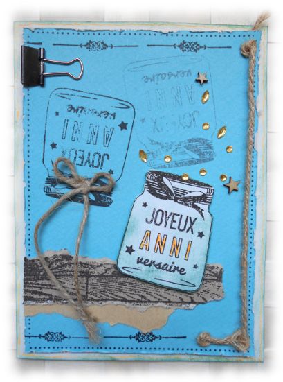 Carte scrap Joyeux Anniversaire sablier strass turquoise effet bois et corde 