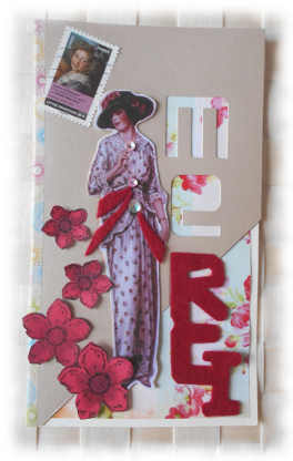 Remerciements carterie Charmante lady "rétro" 1930  avec ses fleurs rouges et sequins, sentiment en feutrine