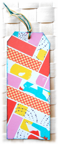 Signet, marque-page, onglet, en r&eacute;cup de carton et couleurs rose orange turquoise flashy multicolore