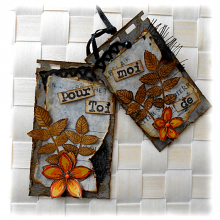 Minis cartes en duo scrapées altérées, rétro, sur fond gris et fleur orange "Pour toi de moi"