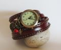 Montre bracelet cuir rouge rivets clous sur 2 tours