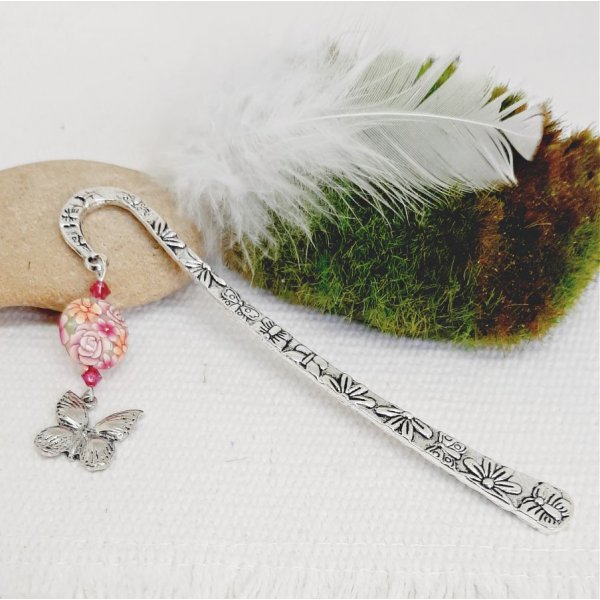 bogm&aelig;rke s&oslash;lv vedh&aelig;ng sommerfugl og perle meget original linse-formet med blomst design