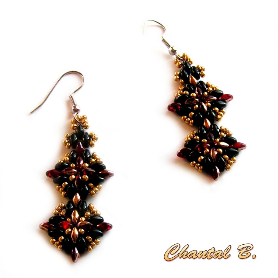 boucles d'oreilles soirée perles verre noires rouge et or