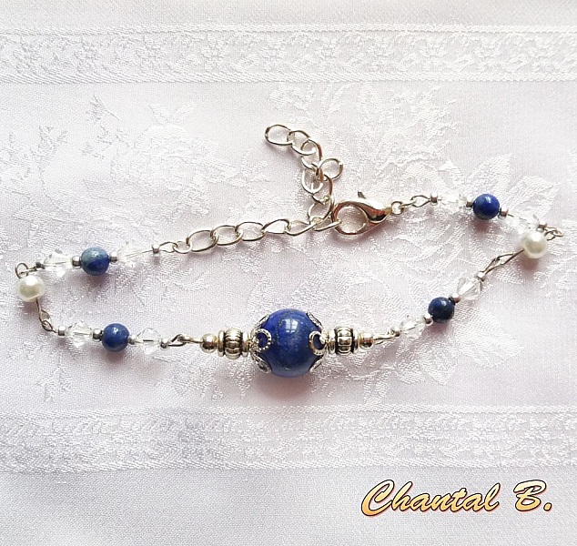 bracelet perles lapis lazuli swarovski cristal et perles nacr&eacute;es argent
