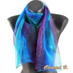 long foulard mousseline de soie écharpe peint main dégradé turquoise violet emeraude