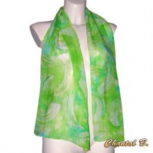foulard &eacute;charpe mousseline de soie turquoise et vert anis fils dor&eacute;s