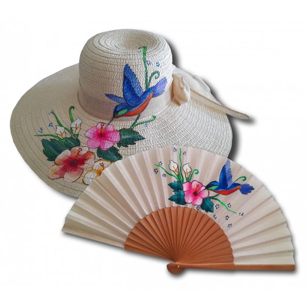 H&aring;ndtegnet og h&aring;ndmalet bomuldsventilator "solens kolibri