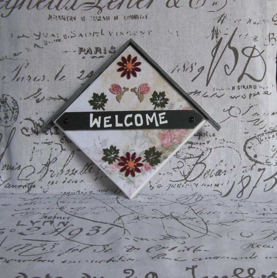 Tableau Welcome en Ardoise et Bois motifs Abeilles Rose et Feuilles Vertes, Création Unique