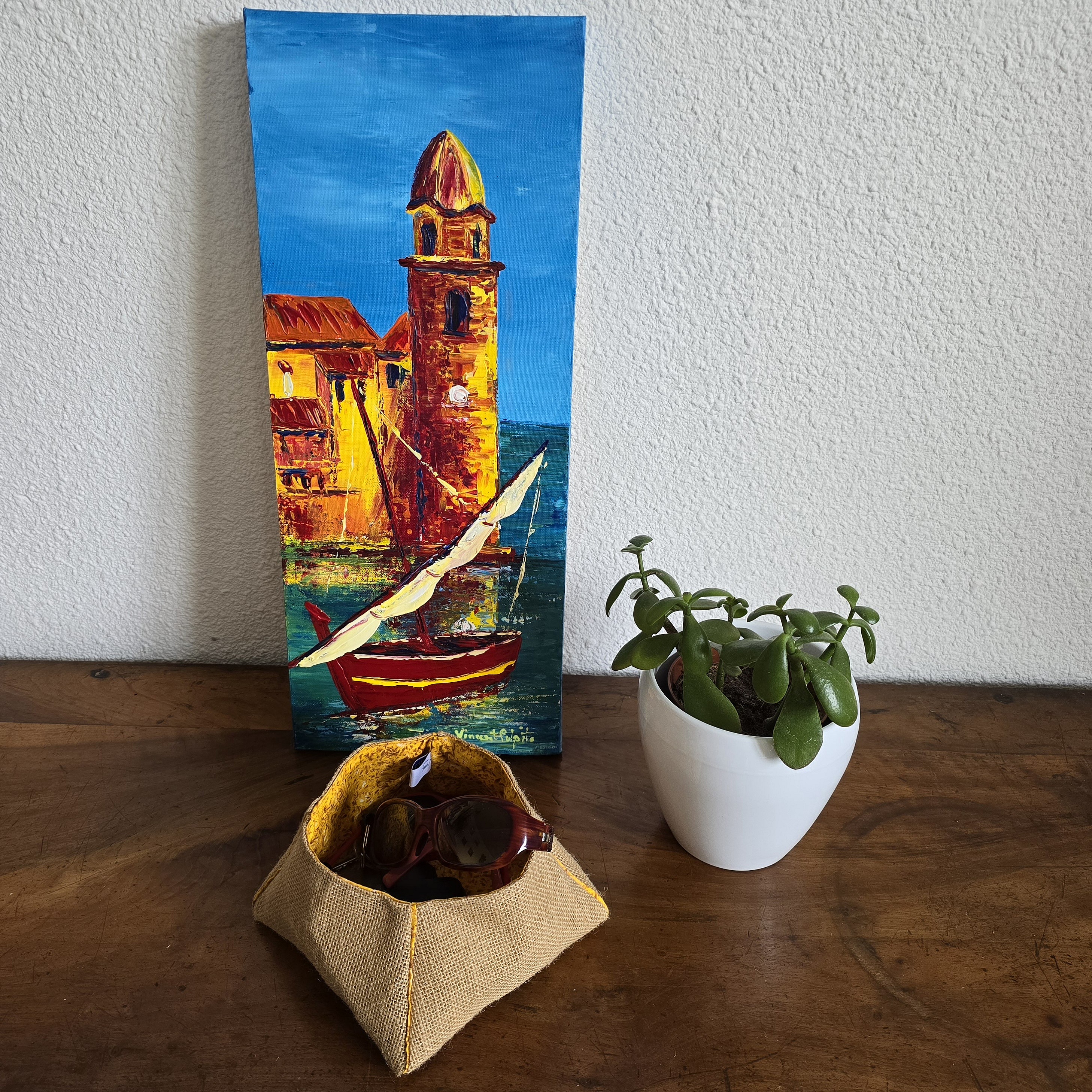 Vide poches en toile de jute de forme trap&egrave;ze