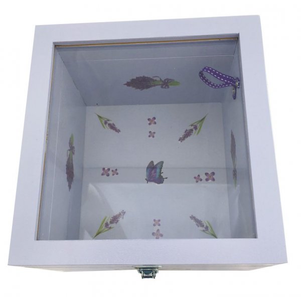 Tr&aelig;kasse med glasl&aring;g. Model : lavendula.