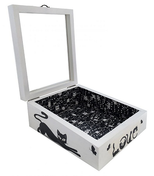 Tr&aelig;kasse med glasl&aring;g. Model : love cat