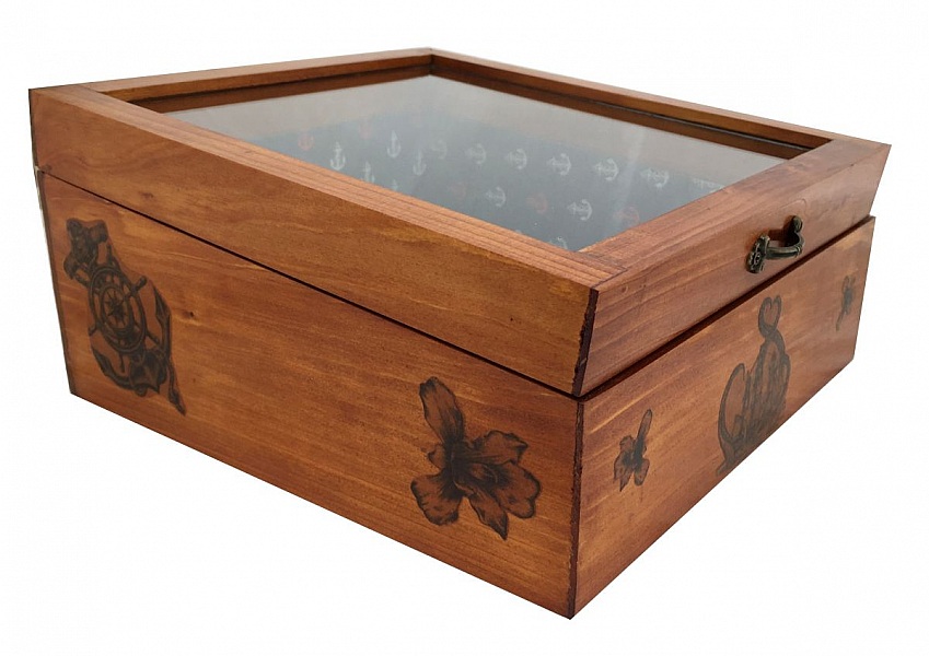 Boîte en bois avec couvercle vitré et motif marin.
