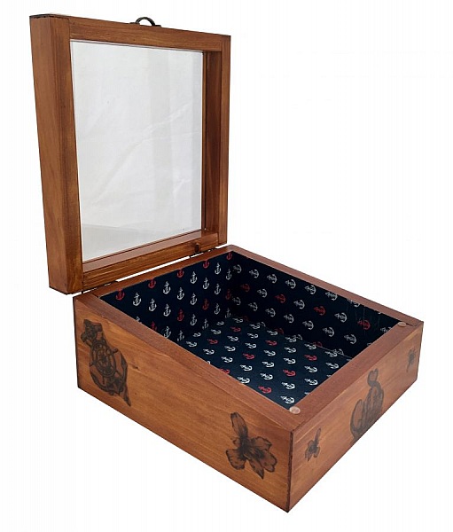 Boîte en bois avec couvercle vitré et motif marin.