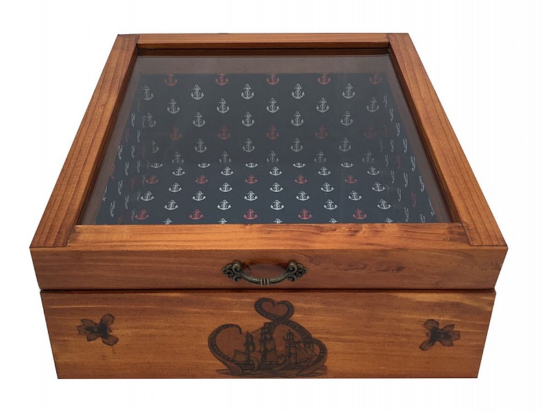 Boîte en bois avec couvercle vitré et motif marin.